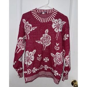 VTG 80S GLAMOUR KNIT SWEATER USA MADE METALLIC PINK‎ FLORAL ROSE VIBRANT OS WMNS